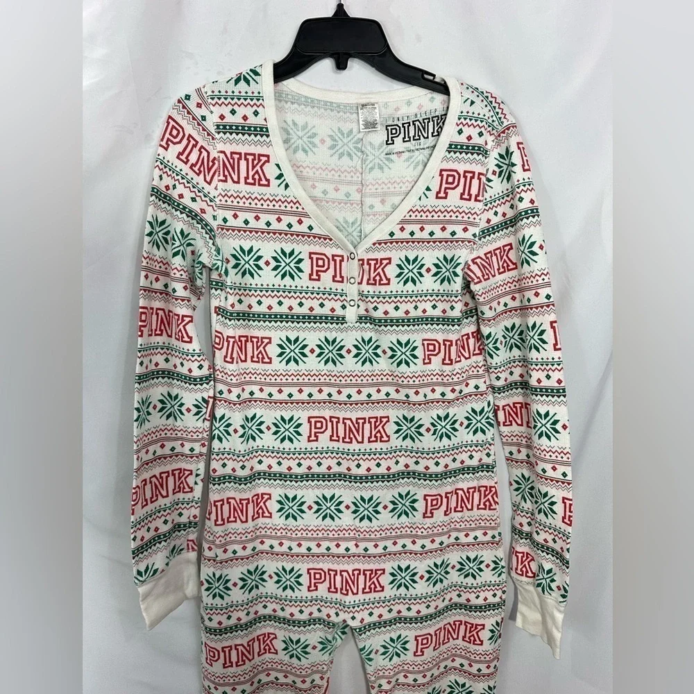 Pink Victoria's Secret Christmas onesie pajamas size L